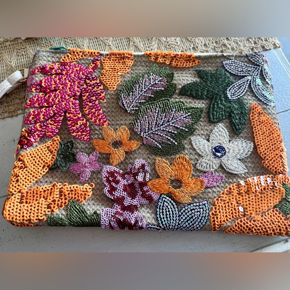 Embroidered and Sequined Floral Wristlet/Clutch New